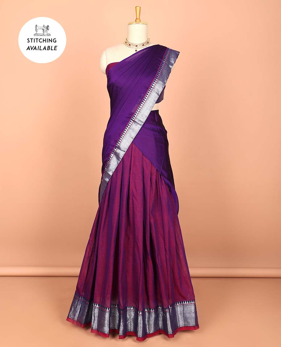 Green cotton half saree with contrast zari border, plain blouse & plain with zari border dhavani
