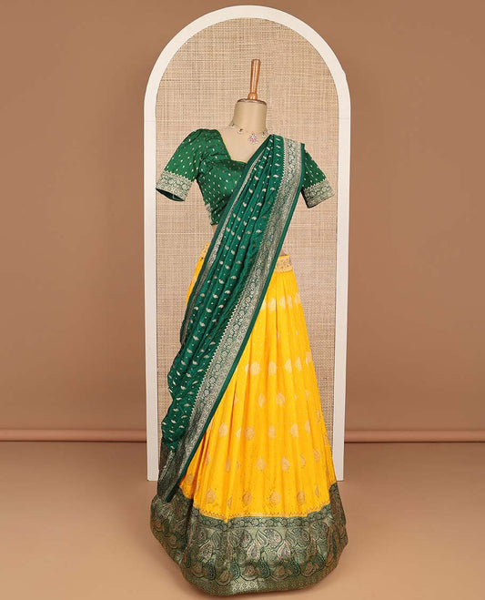 Yellow floral design half saree with contrast zari design border , zari design blouse & floral zari design dhavani