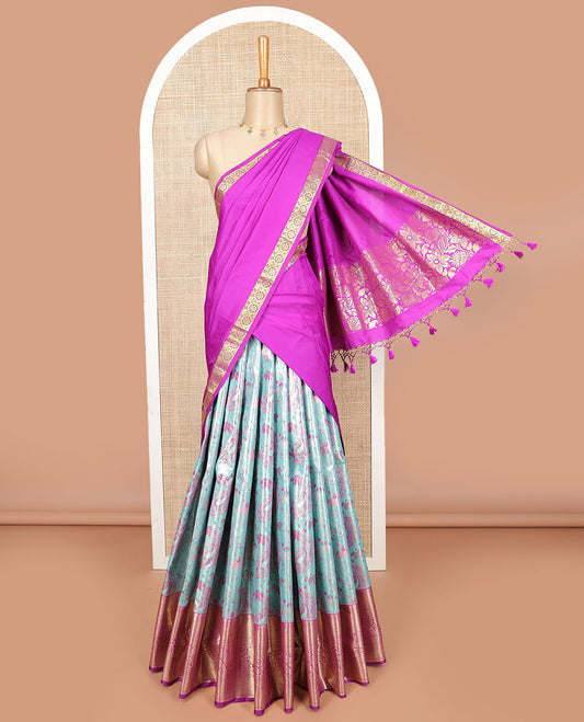 Light blue paisley design art sillk saree with contrast border of intricate zari designs, zari design blouse & floral design dhavani