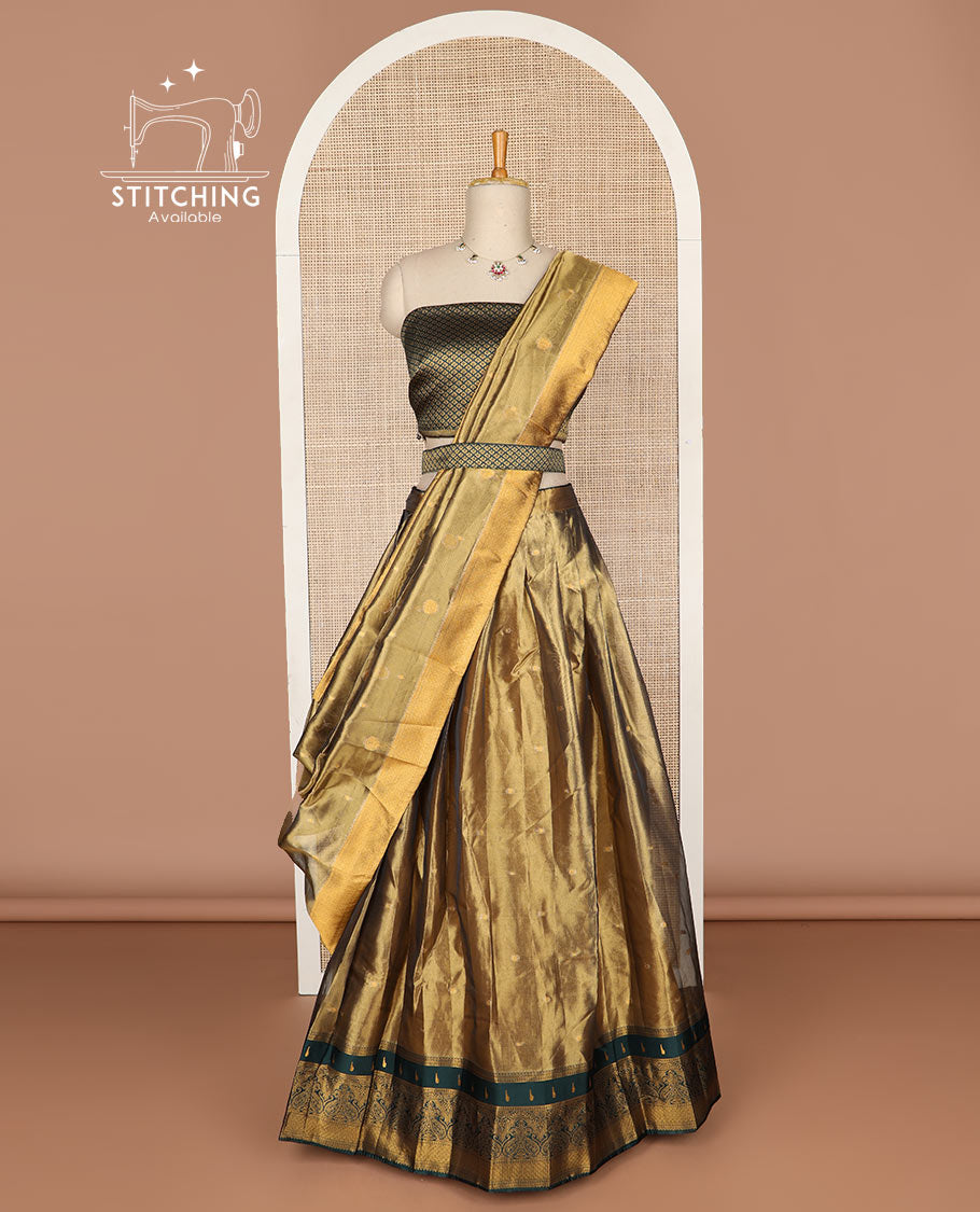 Brown  buttas tissue half saree with contrast zari design border, floral jaal zari design blouse & floral design dhavani