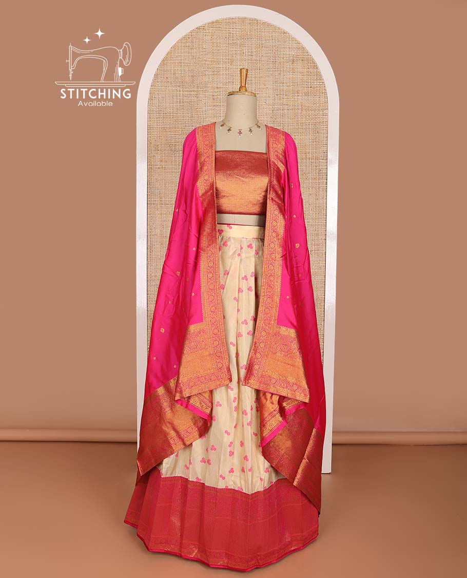 Cream floral buttas half saree with contrast zari design border, jaal design blouse & floral design dhavani