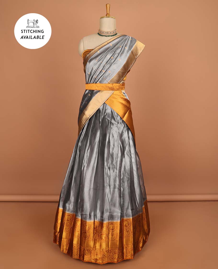 Grey floral buttas half saree with contrast zari border, zari design blouse & floral buttas dhavani