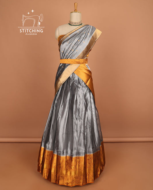 Grey floral buttas half saree with contrast zari border, zari design blouse & floral buttas dhavani