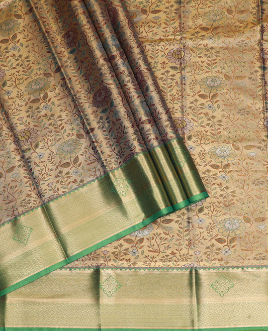 Beige art silk pavadai material set, floral jacquard pavadai, contrast blouse & traditional zari border