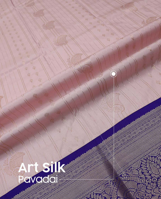 Pastel pink art silk pavadai material, zari design with contrast traditional zari border skirt, and contrast blouse