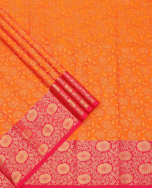 Orange Art Silk Pavadai Material Set, Enthralled with Floral Jaal Design on Its Skirt, Complemented by a Contrast Floral Zari Design Border, and Paired with a Contrast Blouse