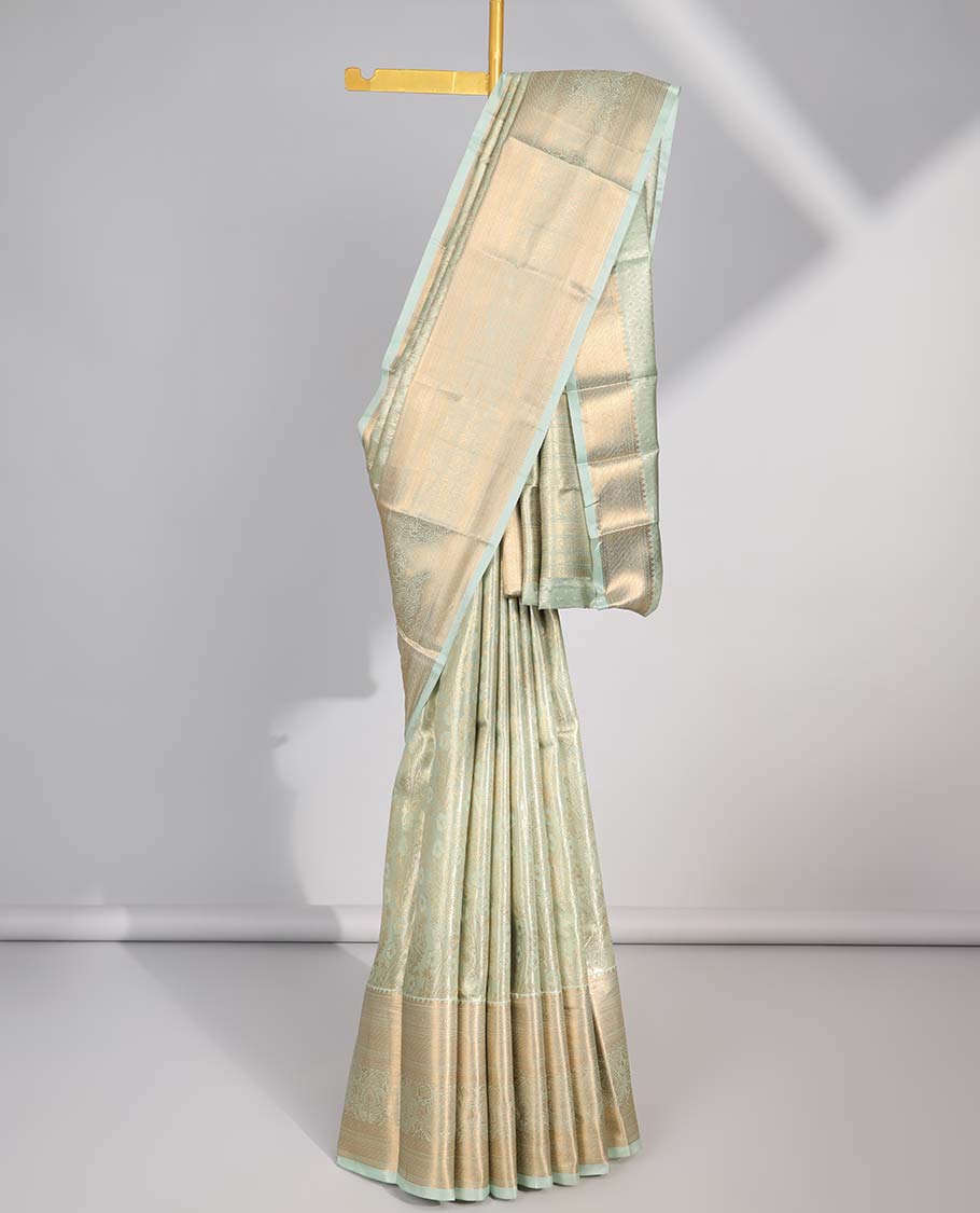 Green floral jacquard budget silk saree with self floral zari border & paisley, floral zari design pallu