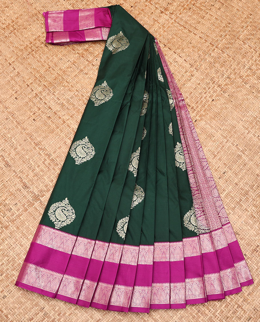 Green Budget Silk Saree, Showcasing Zari Buttas All Over Its Body, Complemented by a Contrast Traditional Zari Design Rettai Pettu Border, Grand Pallu, and Paired with a Contrast Blouse