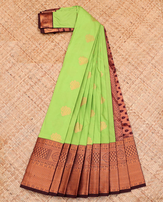 Parrot Green Budget Silk Saree, Woven with Zari Buttas on Its Body, Complemented by a Contrast Traditional Zari Design Border, Pallu Steeped with Floral Designs, and Paired with a Contrast Blouse