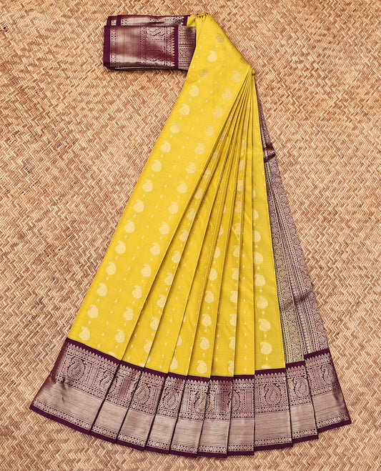 Yellow Budget Silk Saree, Sparsely Threaded with Zari Buttas, Complemented by a Contrast Traditional Zari Border, Grand Pallu, and a Contrast Blouse