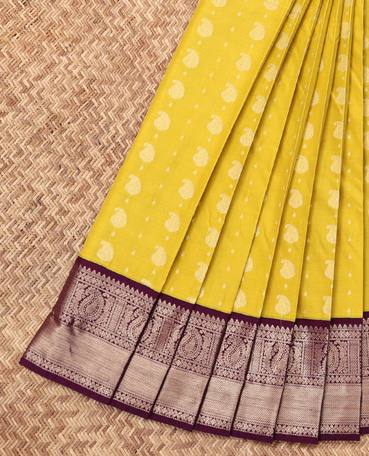 Yellow Budget Silk Saree, Sparsely Threaded with Zari Buttas, Complemented by a Contrast Traditional Zari Border, Grand Pallu, and a Contrast Blouse