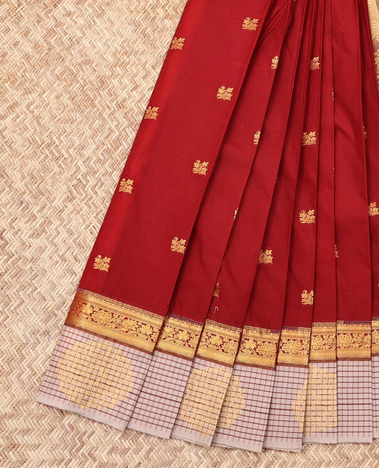 Dark Red Budget Silk Saree, Detailed with Zari Buttas, Complemented by Contrast Traditional Zari Border, Grand Pallu, and a Contrast Blouse