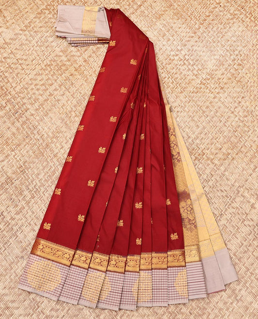 Dark Red Budget Silk Saree, Detailed with Zari Buttas, Complemented by Contrast Traditional Zari Border, Grand Pallu, and a Contrast Blouse