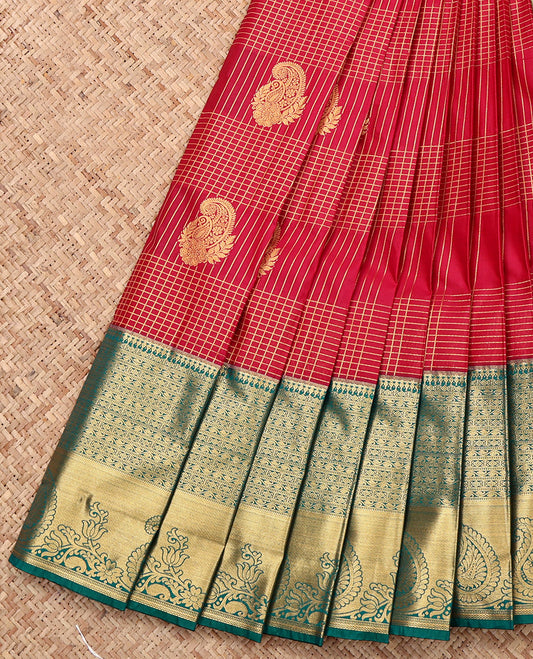Red Budget Silk Saree, Bedecked with Zari Buttas and Checks, Complemented by a Contrast Traditional Zari Border, Grand Pallu, and a Contrast Blouse