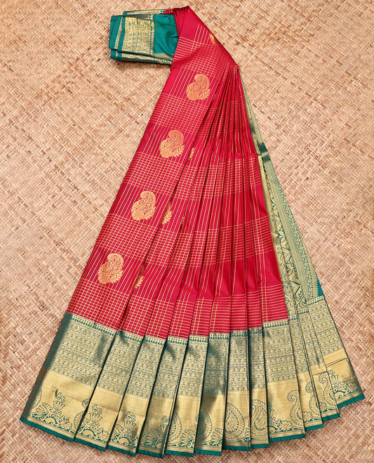 Red Budget Silk Saree, Bedecked with Zari Buttas and Checks, Complemented by a Contrast Traditional Zari Border, Grand Pallu, and a Contrast Blouse