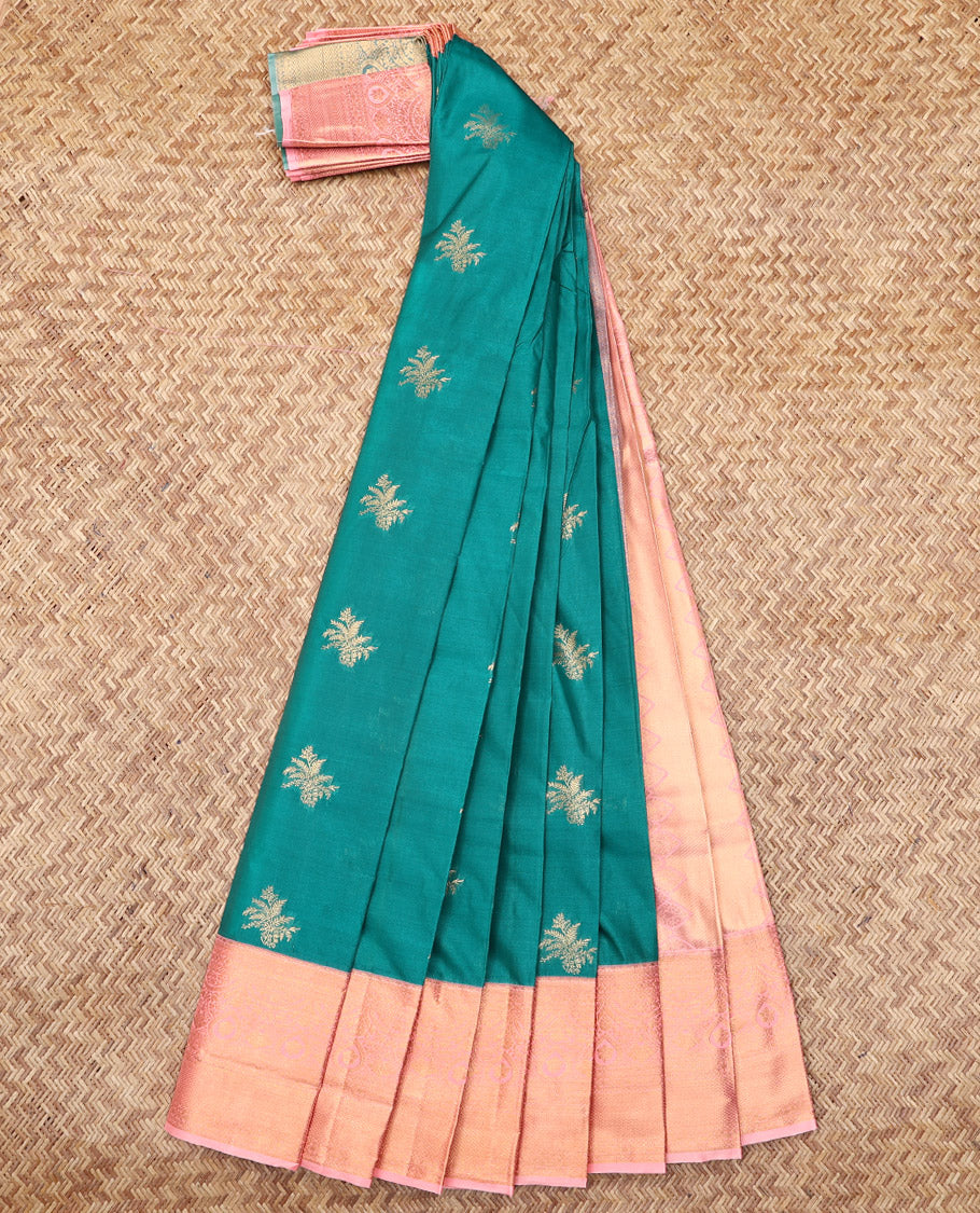 Green Budget Silk Saree, Embellished with Zari Buttas, Complemented by a Contrast Traditional Zari Border, Grand Pallu, and a Contrast Blouse