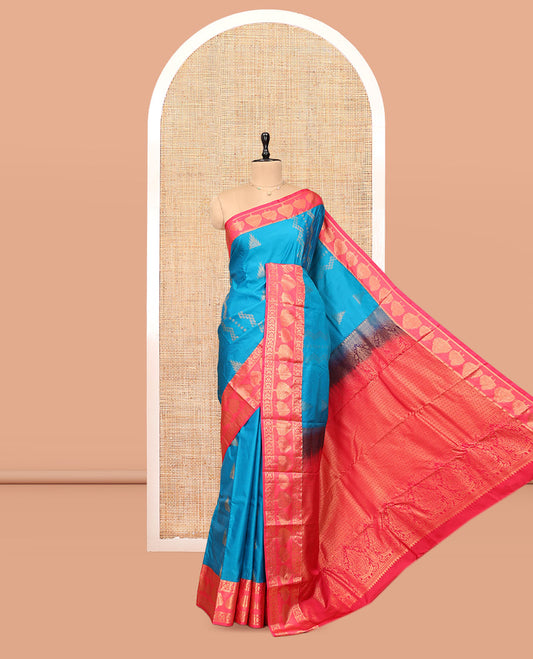 Blue Budget Silk Saree, Elevated with Zari Designs, Complemented by Contrast Traditional Zari Border, Pallu of Intricate Designs, and Contrast Blouse