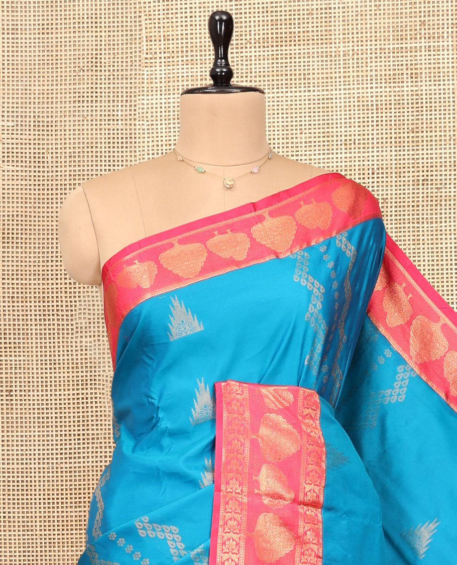Blue Budget Silk Saree, Elevated with Zari Designs, Complemented by Contrast Traditional Zari Border, Pallu of Intricate Designs, and Contrast Blouse