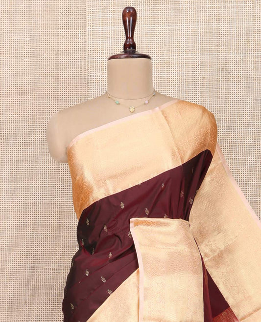Maroon Budget Silk Saree, Prettified with Zari Buttas All Over Its Body, Complemented by a Contrast Traditional Zari Design Border of Paisleys, Majestically Zari Detailed Pallu, and Paired with a Contrast Blouse