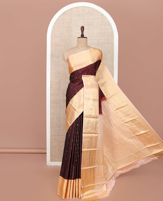 Maroon Budget Silk Saree, Prettified with Zari Buttas All Over Its Body, Complemented by a Contrast Traditional Zari Design Border of Paisleys, Majestically Zari Detailed Pallu, and Paired with a Contrast Blouse