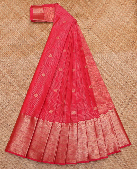 Red Budget Silk Saree, Delicately Woven with Buttas and Checks On Its Body, Highlighted by Traditional Zari Designs Woven Border, Grand Jaal Pallu, and Paired with a Matching Blouse