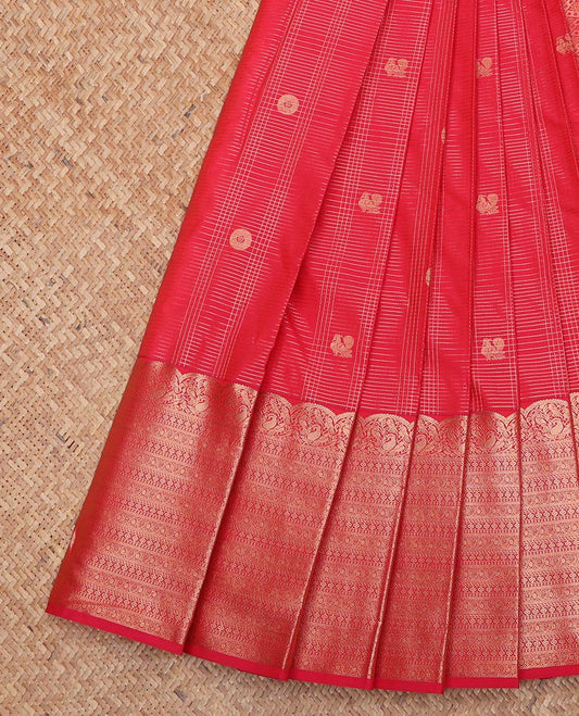 Red Budget Silk Saree, Delicately Woven with Buttas and Checks On Its Body, Highlighted by Traditional Zari Designs Woven Border, Grand Jaal Pallu, and Paired with a Matching Blouse