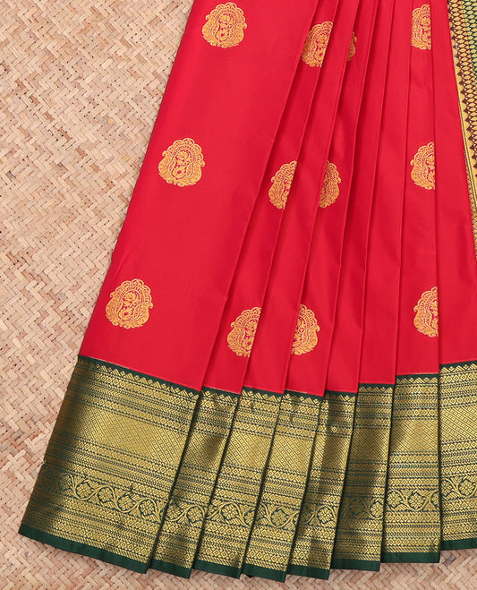 Red Budget Silk Saree, Elegantly Decked Up with Zari Buttas All Over Its Body, Complemented by a Contrast Traditional Zari Design Border, a Grand Pallu of Jaal Design, and Paired with a Contrast Blouse