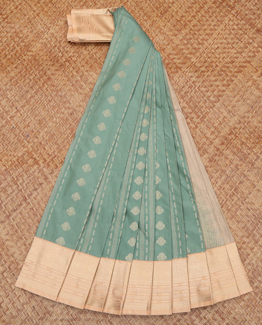 Green Budget Silk Saree, Woven with Zari Buttas All Over Its Body, Complemented by a Contrast Traditional Zari Border, Intricately Designed Pallu, and Paired with a Contrast Blouse