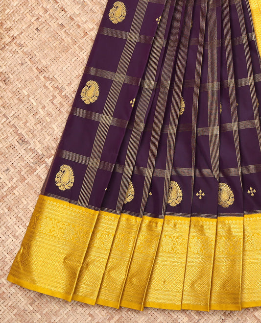 Purple Budget Silk Saree, Highlighted with Butta Enclosed Checks All Over Its Body, Complemented by a Contrast Traditional Zari Design Border, Grand Pallu, and Paired with a Contrast Blouse