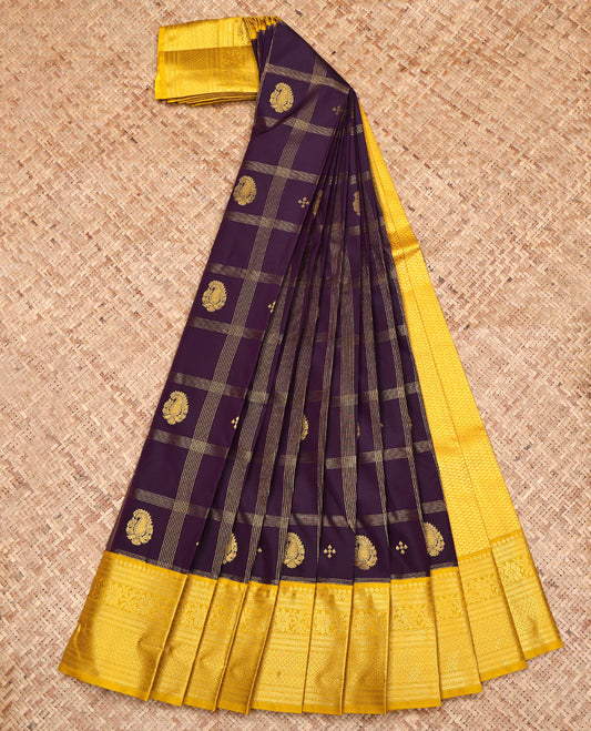 Purple Budget Silk Saree, Highlighted with Butta Enclosed Checks All Over Its Body, Complemented by a Contrast Traditional Zari Design Border, Grand Pallu, and Paired with a Contrast Blouse