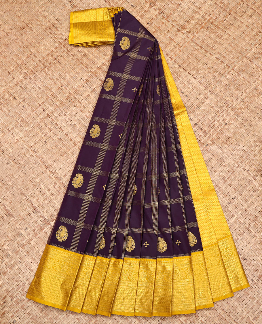 Purple Budget Silk Saree, Highlighted with Butta Enclosed Checks All Over Its Body, Complemented by a Contrast Traditional Zari Design Border, Grand Pallu, and Paired with a Contrast Blouse