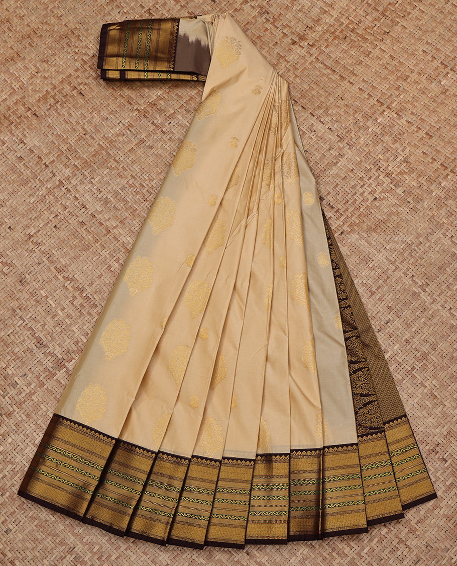 Cream Budget Silk Saree, Embellished with Zari Buttas All Over Its Body, Complemented by a Contrast Traditional Zari Design Border, Grand Pallu, and Paired with a Contrast Blouse