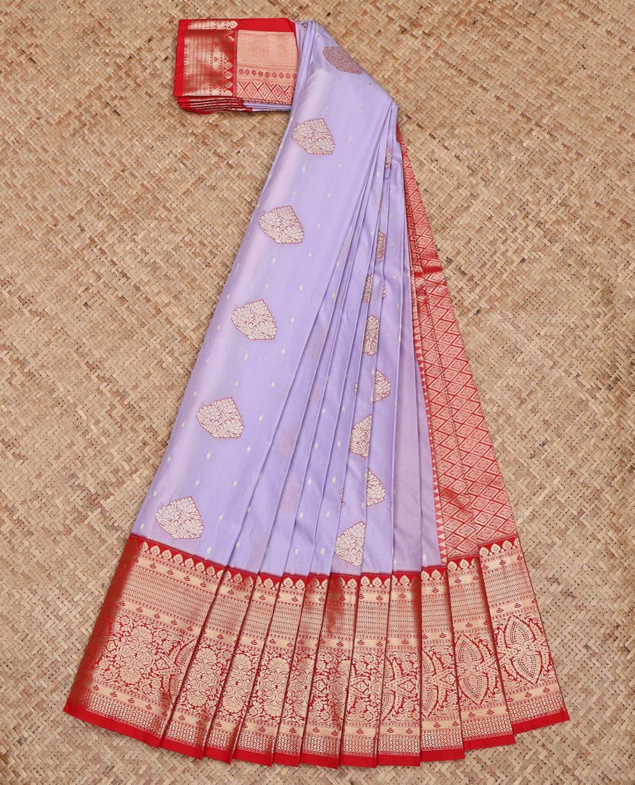 Lavender Budget Silk Saree, Prettified with Zari Buttas on Its Body, Complemented by a Contrast Traditional Zari Design Border, Grand Jaal Pallu, and Paired with a Contrast Blouse