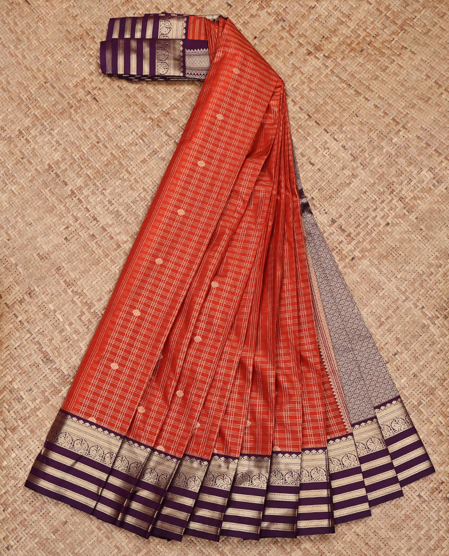 Dark Rust Budget Silk Saree, Finely Woven with Zari Buttas and Checked Design on Its Body, Complemented by a Contrast Traditional Zari Design Varisai Pettu Border, Pallu of Jaal Designs, and Paired with a Contrast Blouse