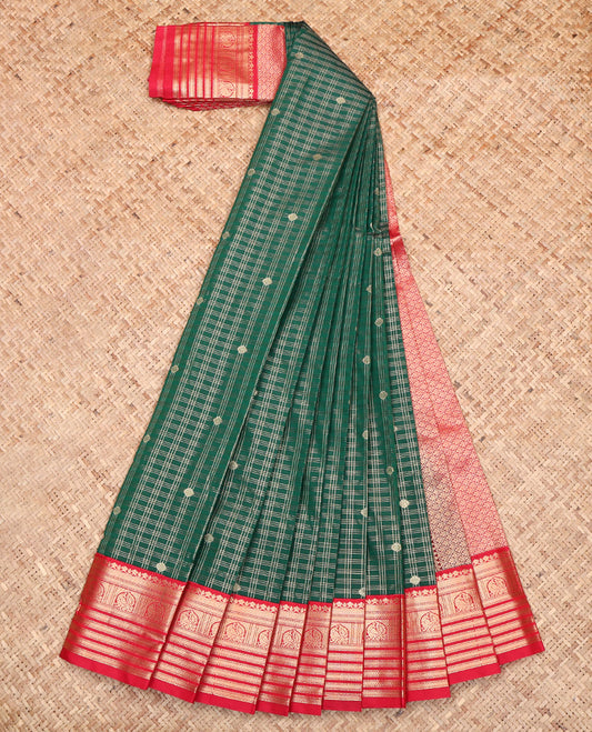 Dark Green Budget Silk Saree, Enriched with Zari Buttas and Checks, Complemented by a Contrast Traditional Zari Design Border, Jaal Pallu, and a Contrast Blouse