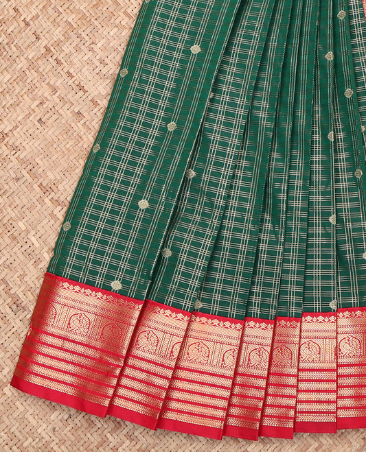 Dark Green Budget Silk Saree, Enriched with Zari Buttas and Checks, Complemented by a Contrast Traditional Zari Design Border, Jaal Pallu, and a Contrast Blouse