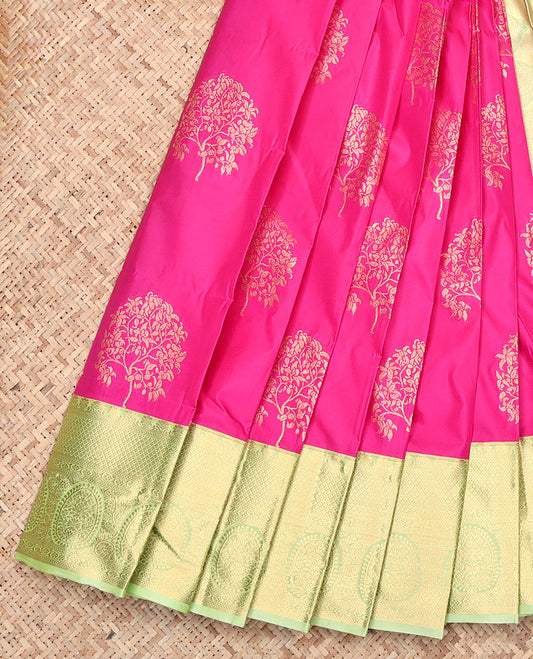 Rani Pink Budget Silk Saree, Bedecked with Zari Buttas, Contrast Traditional Zari Border, Grand Pallu, and a Contrast Blouse