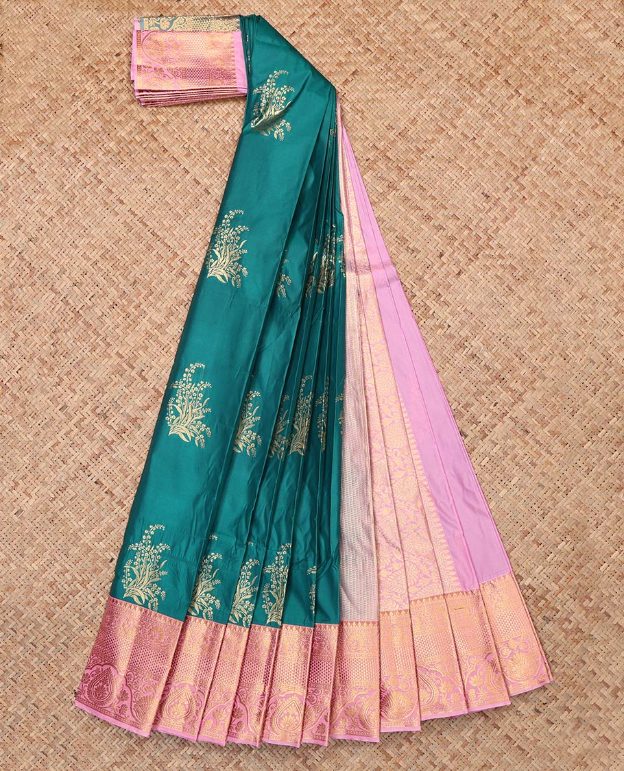 Green Budget Silk Saree, Elevated with Zari Buttas, Complemented by Contrast Traditional Zari Border, Grand Pallu and a Contrast Blouse