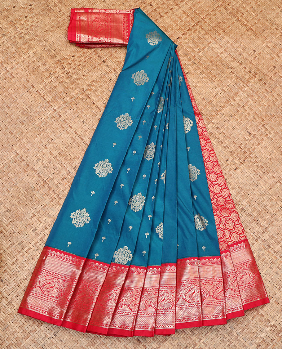 Blue Budget Silk Saree, Graced with Zari Buttas, Complemented by Contrast Tradittional Zari Border, Grand Pallu, and a Contrast Blouse