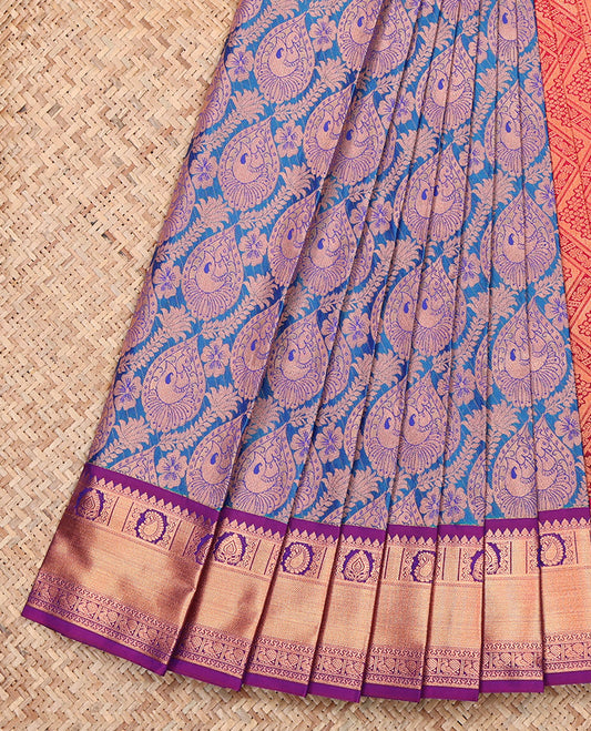 Blue Budget Silk Saree, Ornamented With Jacquard Design, Complemented by Contrast Traditional Zari Border, Grand Pallu and a Contrast Blouse