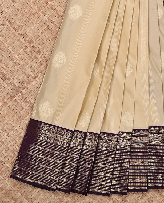Cream Budget Silk Saree, Beautified with Zari Buttas and Stripes, Complemented by a Contrast Traditional Zari Border, Grand Pallu, and a Contrast Blouse