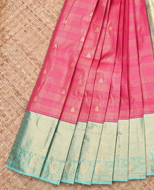 Pink Budget Silk Saree, Embellished with Zari Buttas and Checks, Complemented by Contrast Traditional Zari Border, Intricate Pallu, and Contrast Blouse
