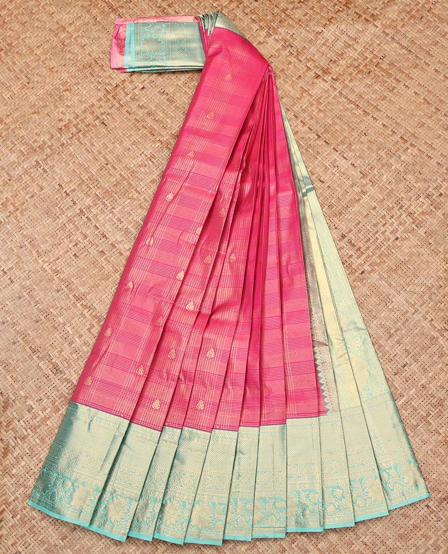 Pink Budget Silk Saree, Embellished with Zari Buttas and Checks, Complemented by Contrast Traditional Zari Border, Intricate Pallu, and Contrast Blouse