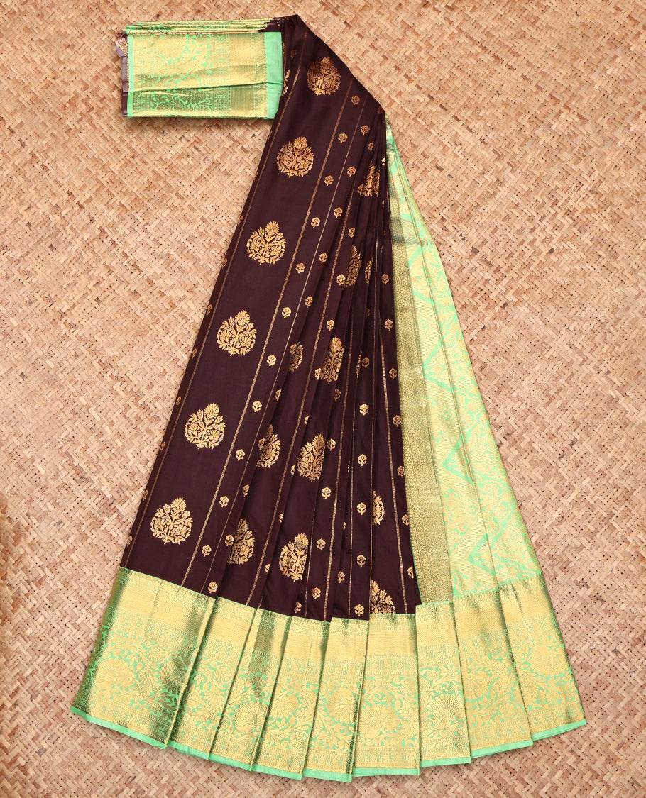 Brown Budget Silk Saree, Mesmerized with Zari Buttas and Stripes, Complemented by a Contrast Traditional Border, Grand Pallu, and a Contrast Blouse