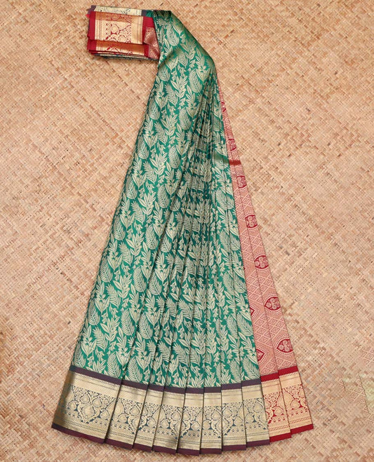Green Budget Silk Saree, Accentuated with Floral Vine Design, Complemented by Contrast Traditional Zari Border, a Jaal Pallu and a Contrast Blouse