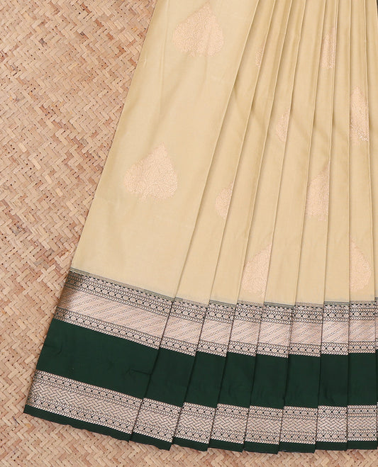 Sandal Budget Silk Saree, Subtly Sparkled with Zari Buttas, Complemented by a Contrast Traditional Zari Rettai Pettu Border, Jaal Pallu, and a Contrast Blouse