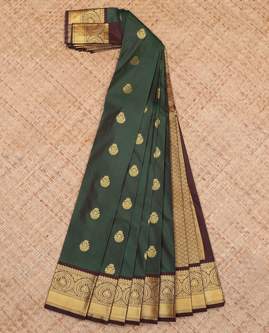 Green Budget Silk Saree, Adorned with Zari Buttas, a Contrast Traditional Zari Border, a Grand Pallu and a Contrast Blouse