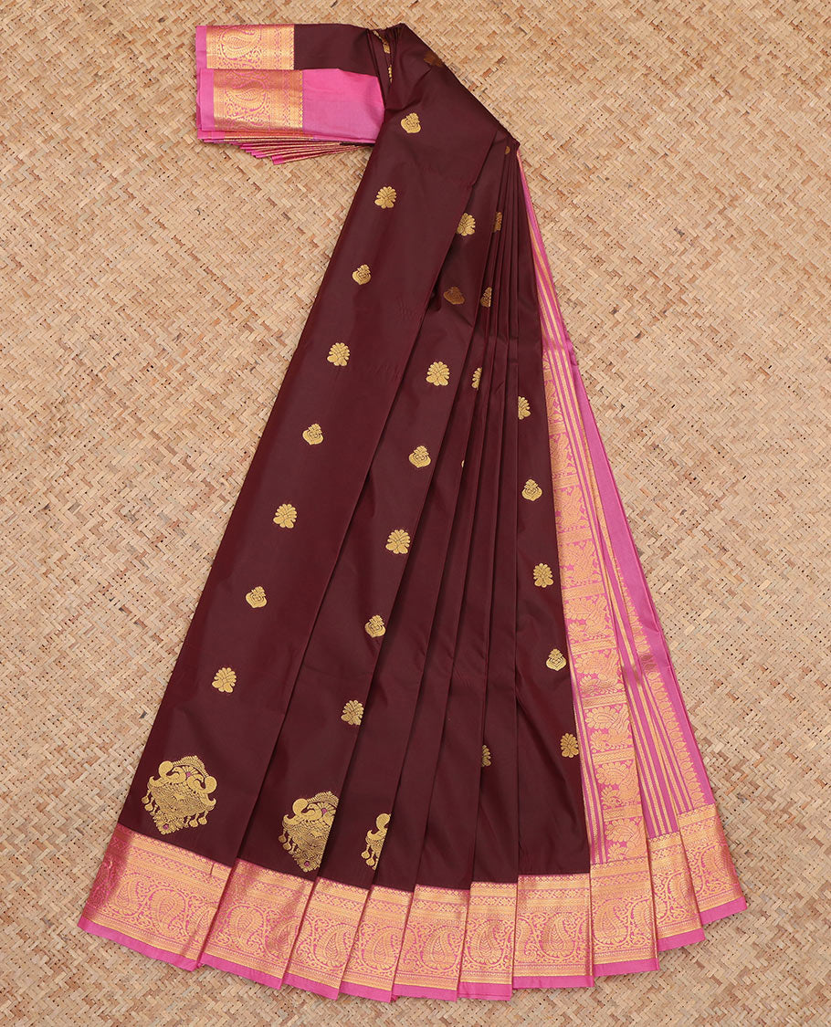 Maroon Budget Silk Saree, Elevated with Zari Buttas, Complemented by Contrast Traditional Zari Border, a Grand Pallu and a Contrast Blouse