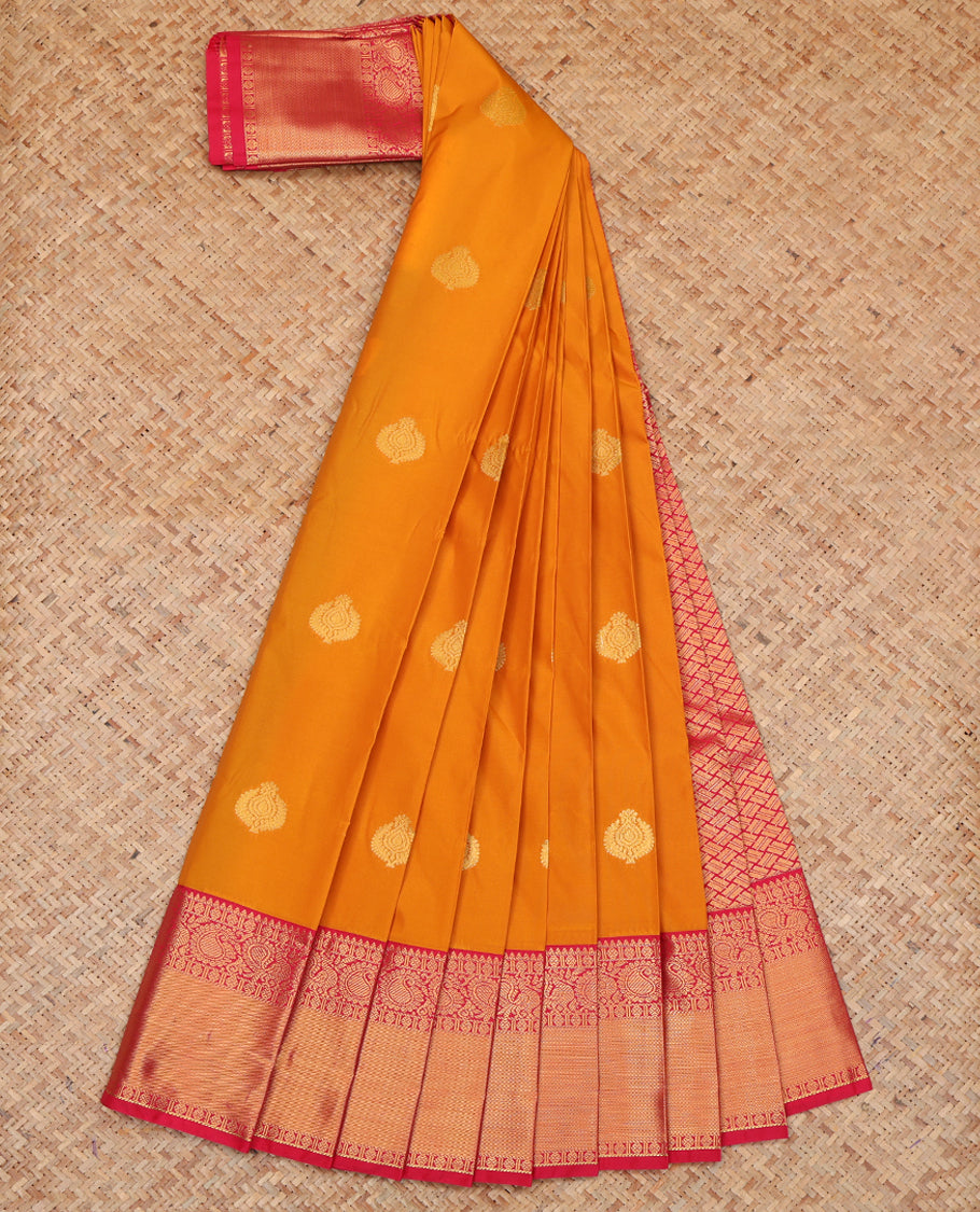 Orange Budget Silk Saree, Gleamed Up with Zari Buttas, a Contrast Traditional Zari Border, Grand Jaal Pallu, and a Contrast Blouse