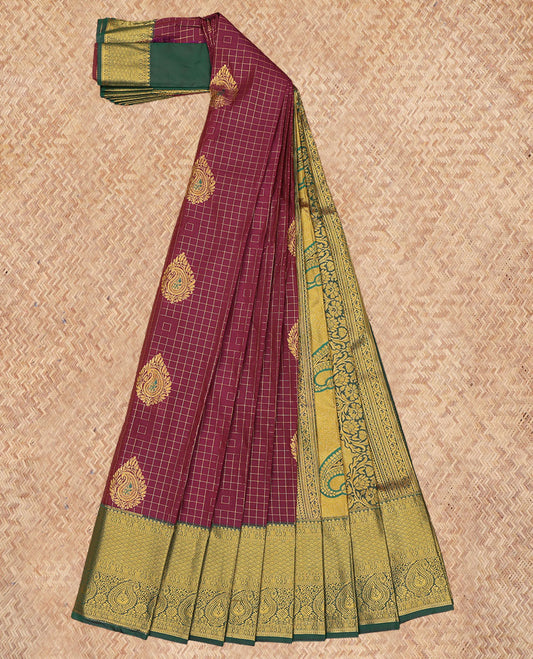 Maroon Budget Silk Saree, Woven with Zari Buttas and Checks, a Contrast Traditional Zari Border, Grand Pallu, and a Contrast Blouse